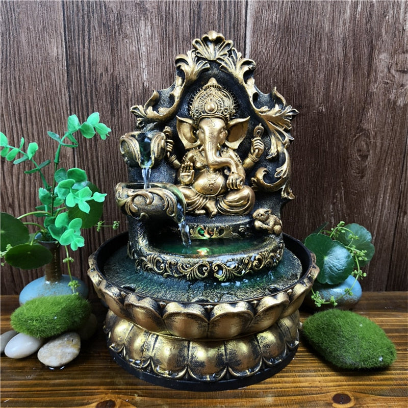 Hand Made Lord Ganesha Statue Water Fountain w/LEDs Waterscape