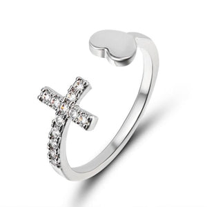 Silver Rhinestone Cross Heart Adjustable Opening Ring