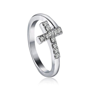 Silver Rhinestone Cross Heart Adjustable Opening Ring